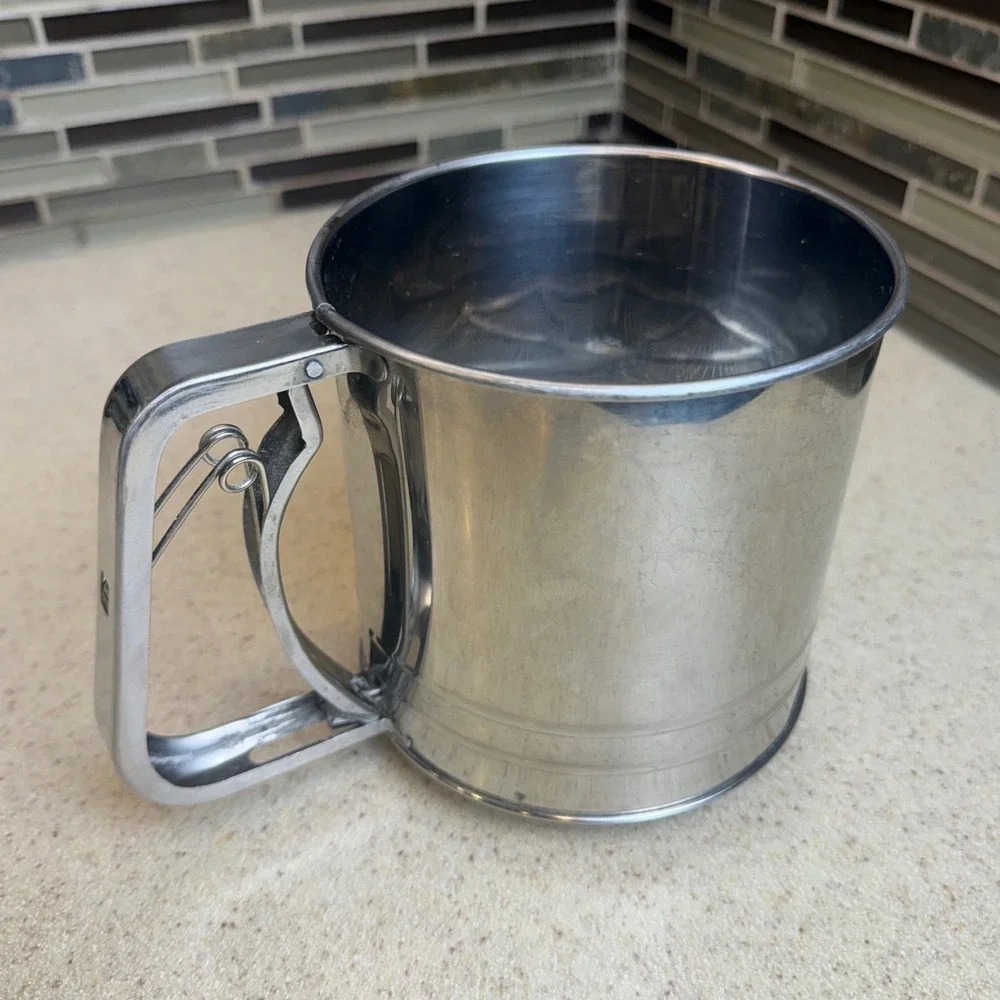 Vintage Stainless Steel Flour Sifter Manual Squeeze Handle Kitchen Baking Tool